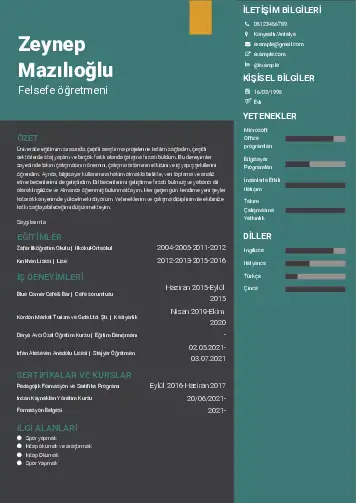 Felsefe Öğretmeni CV Örnekleri cv indir